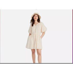 Old Navy Dress Slub Cotton Gauze Peach Puff Sleeve‎ Drawstring Waist Size XXL